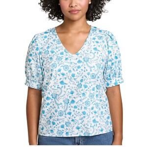 Draper James V-Neck Puff Short Sleeve Top Blue White Floral Cotton Small